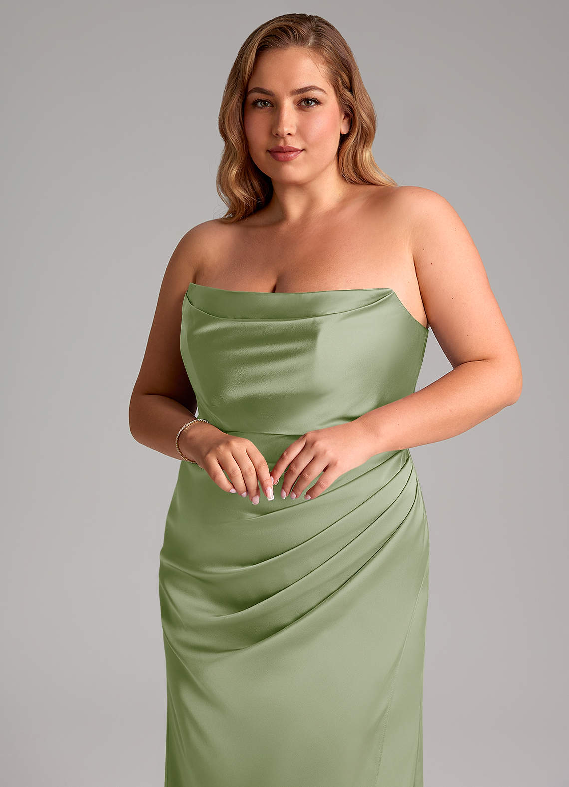 Azazie Leonis Bridesmaid Dresses Dusty Sage Mermaid Pleated Stretch Satin Convertible Dress image10