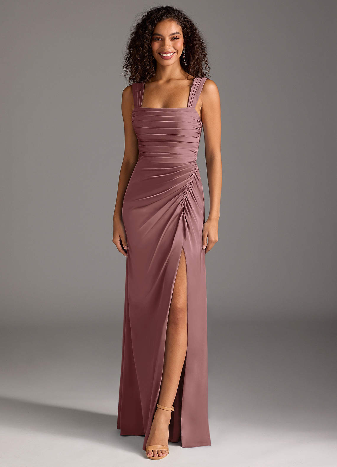 Azazie Jesaphine Bridesmaid Dresses Vintage Mauve Sheath Bow Stretch Satin Dress image1