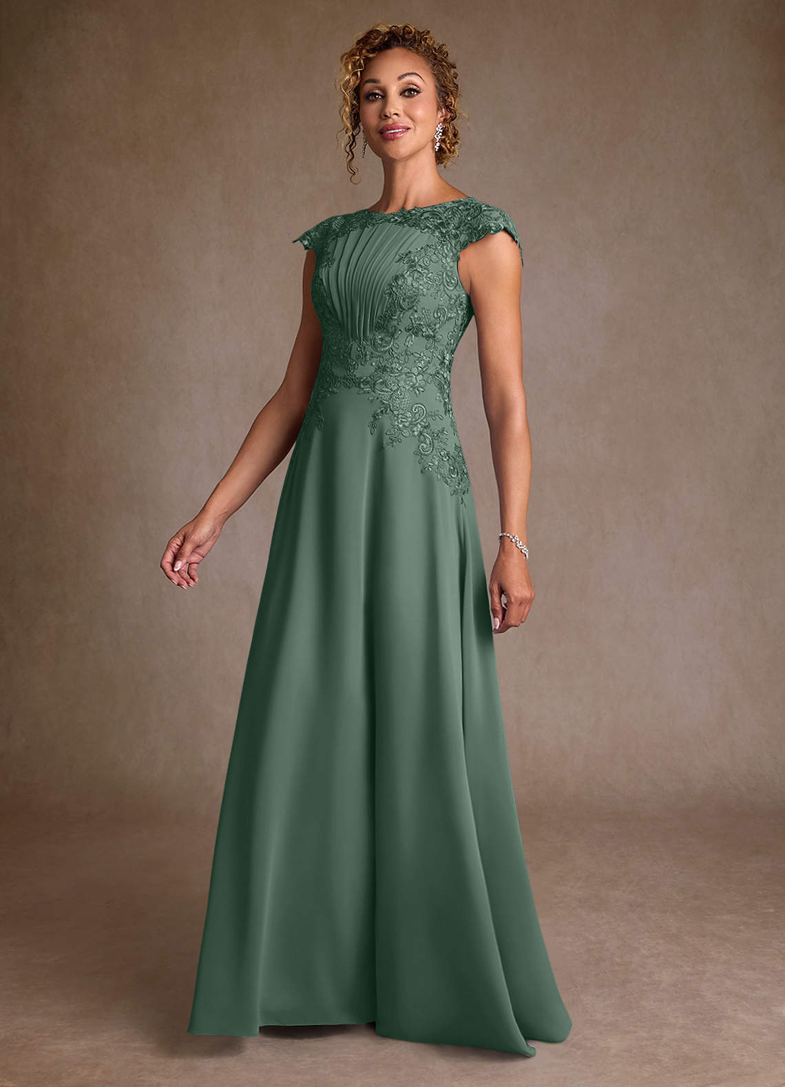 Azazie Christi Mother of the Bride Dresses Eucalyptus A-Line Lace Chiffon Dress image3