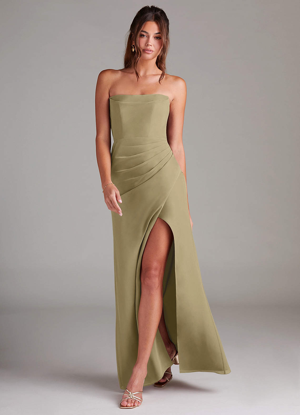 Azazie Leonis Vestidos de madrinha de casamento Vestido Musgo Verde de Chiffon de Bainha com Sem alças image6