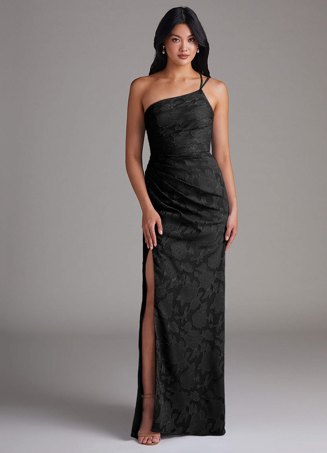 Azazie Eren Bridesmaid Dresses Black Sheath One Shoulder Floral Burnout Dress image1