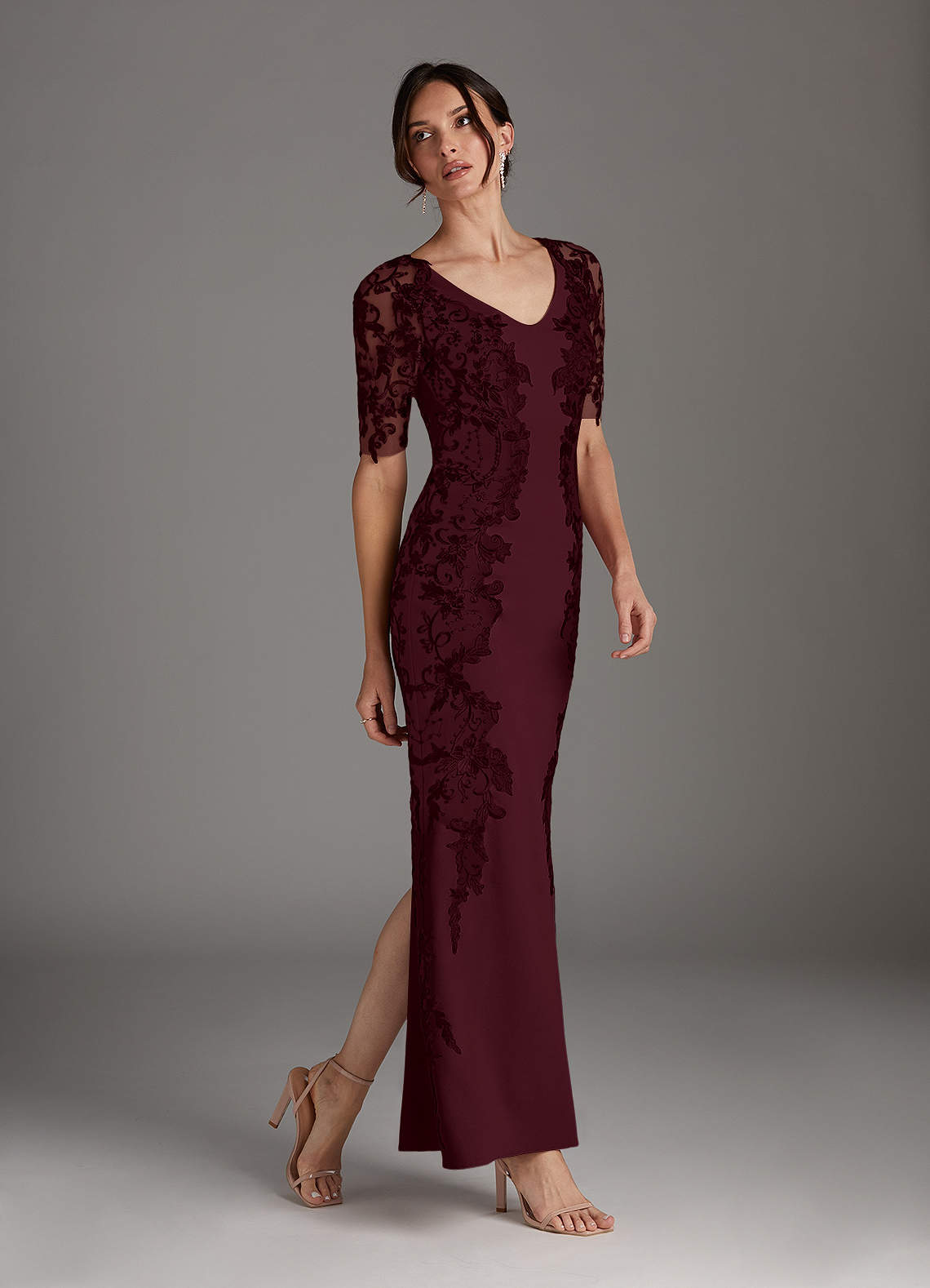Azazie Farrah Cabernet Sheath Lace Stretch Crepe Dress Ready to