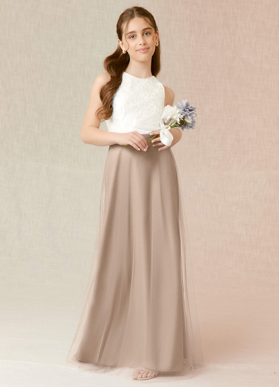 Azazie Albertine Junior Taupe A-Line Lace Chiffon Dress image1