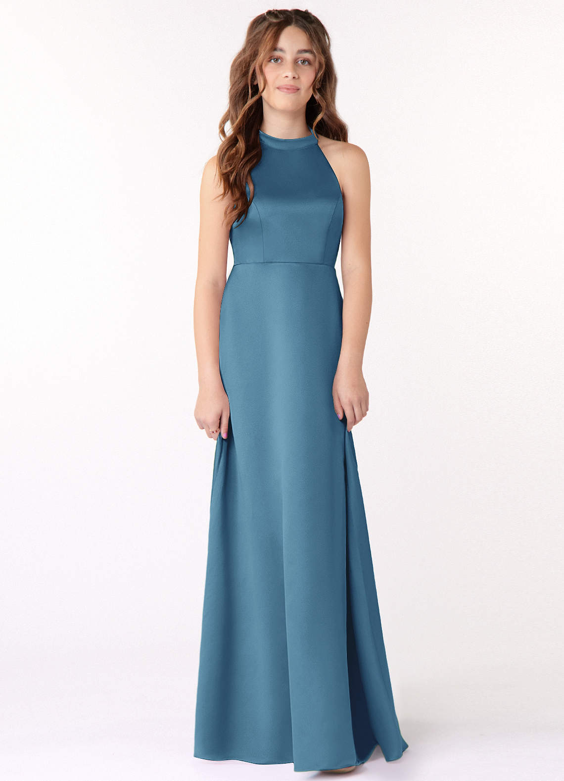 Azazie Laurel Junior Steel Blue A-Line Matte Satin Dress image1