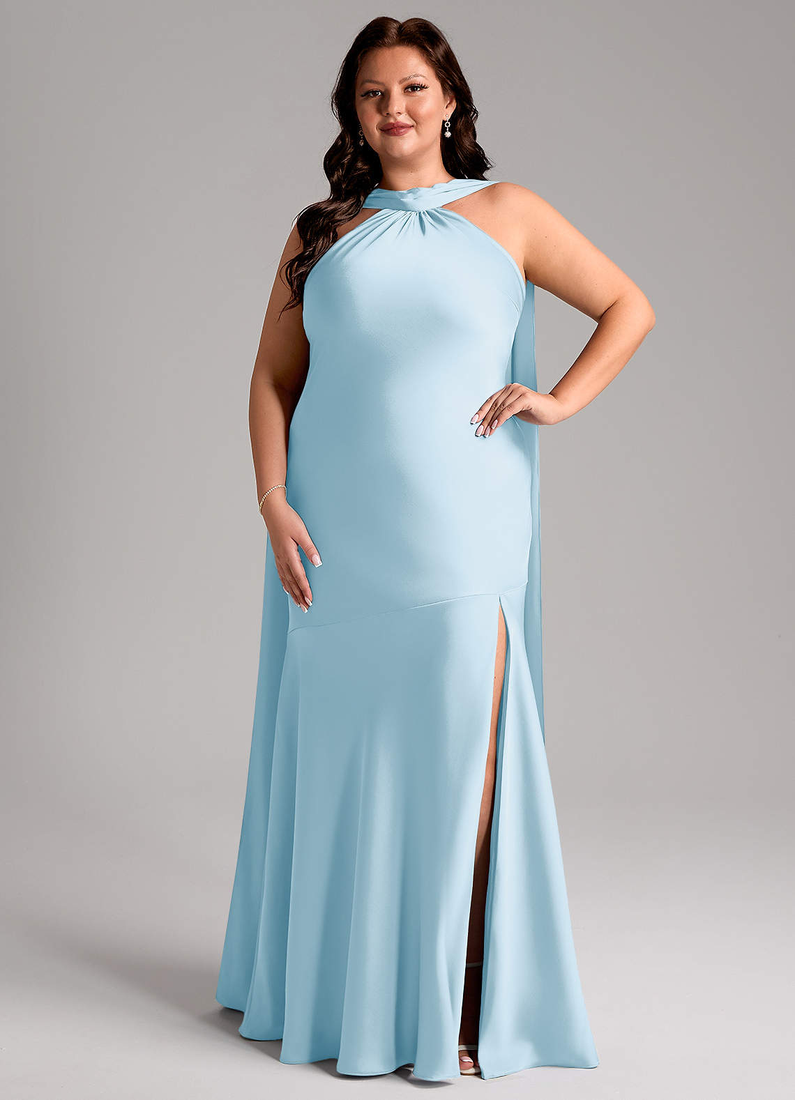 Azazie Kinsley Bridesmaid Dresses Sky Blue Mermaid Side Slit Stretch Satin Dress image1