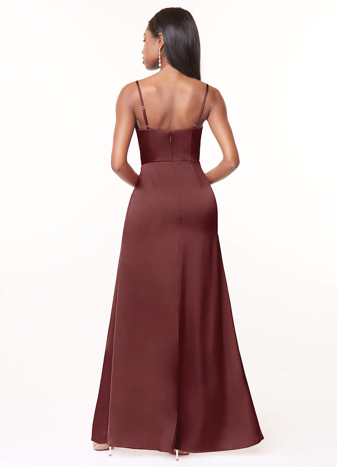 Azazie Maci Vestidos de damas de honor Vestido de Acai de Satén Elástico de Corte En A con Cuello en V plisado image1