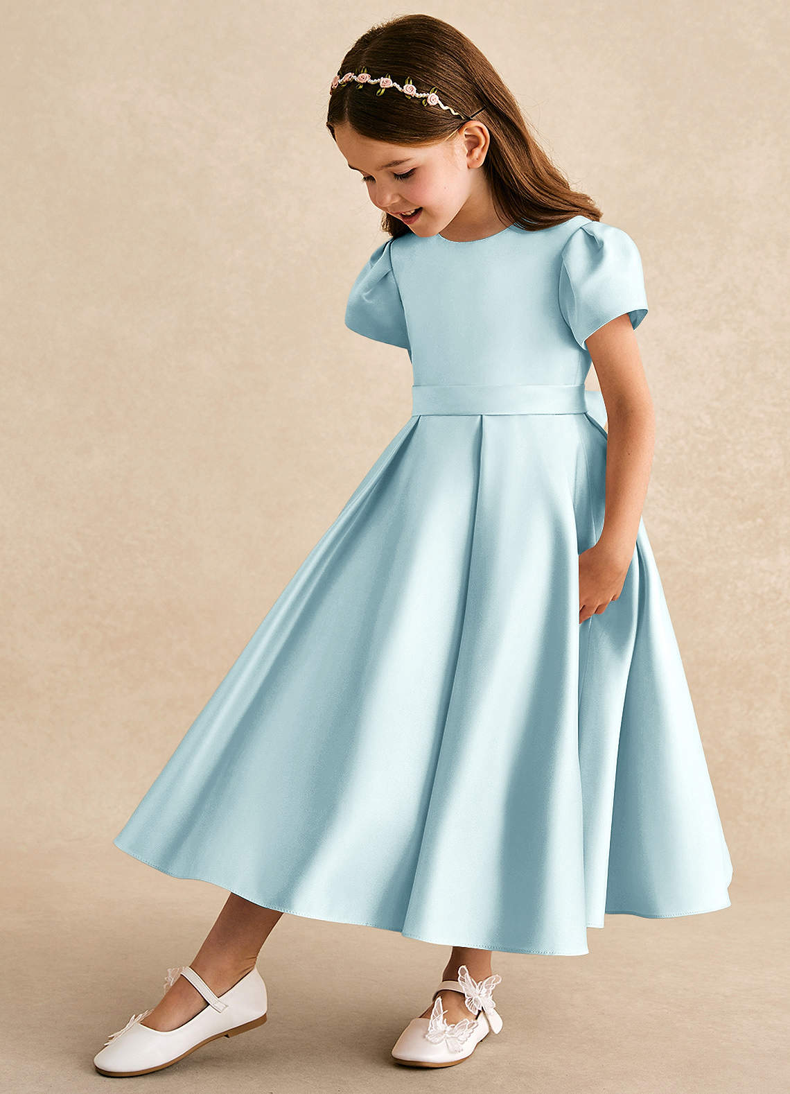Azazie Princess Flower Girl Dresses Sea Glass A-Line Pleated Matte Satin Dress image1