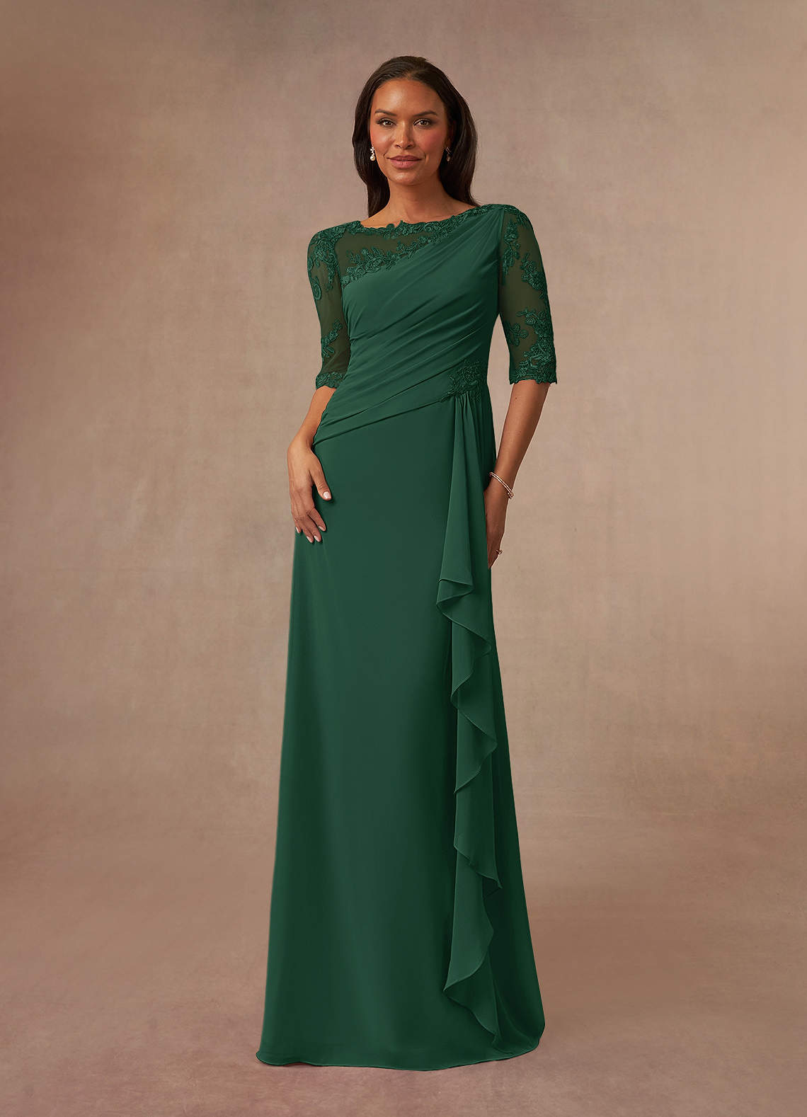 Azazie Dionysus Mother of the Bride Dresses Dark Green A-Line Boatneck Lace Chiffon Dress image1