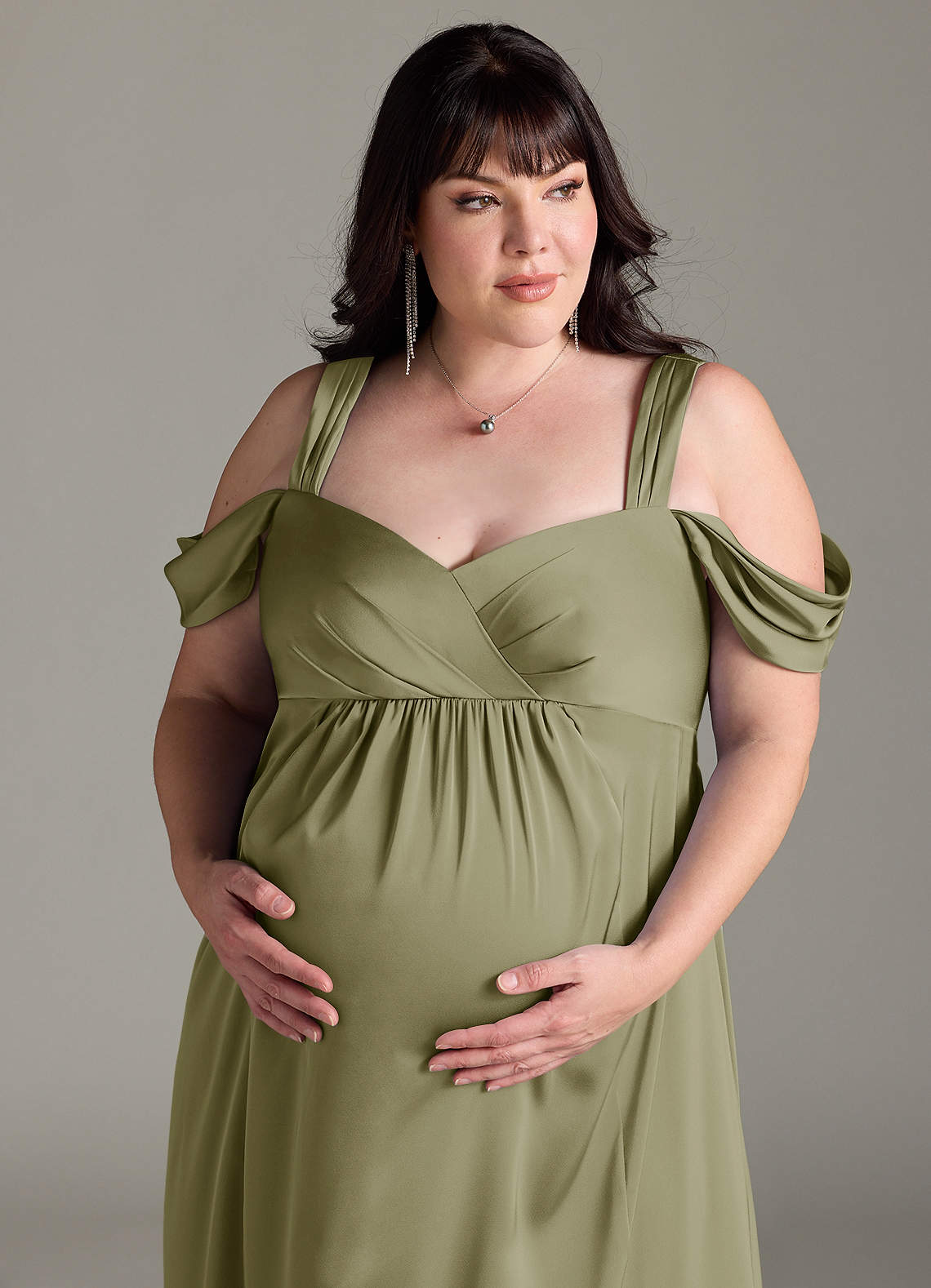 Azazie Rhea Maternity Bridesmaid Dresses A-Line Off-The-Shouler Pleated Stretch Satin Floor-Length Dress image11