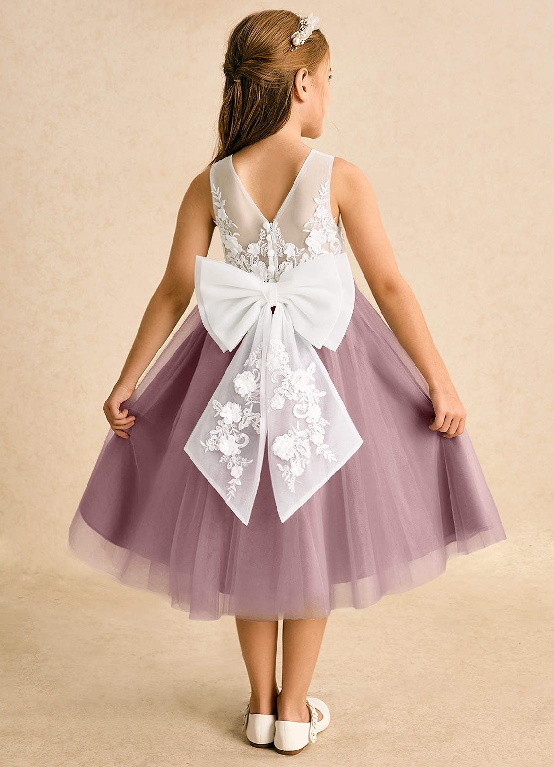 Azazie Lina Flower Girl Dresses Ivory Dusty Rose Ball-Gown Lace Dress image1