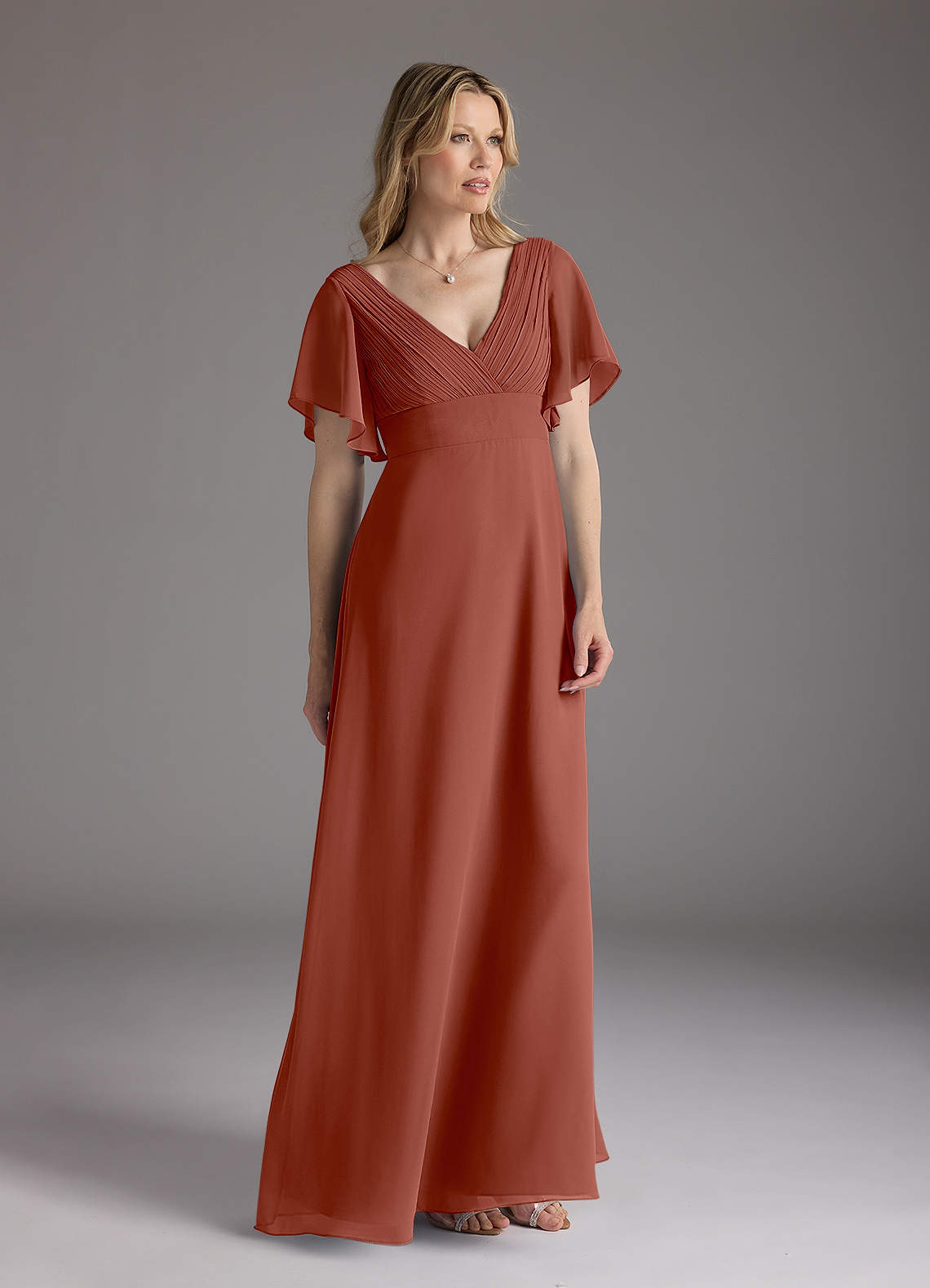 Azazie Alessa At-home Try On Dresses Auburn A-Line V-Neck Pleated Chiffon Dress image1