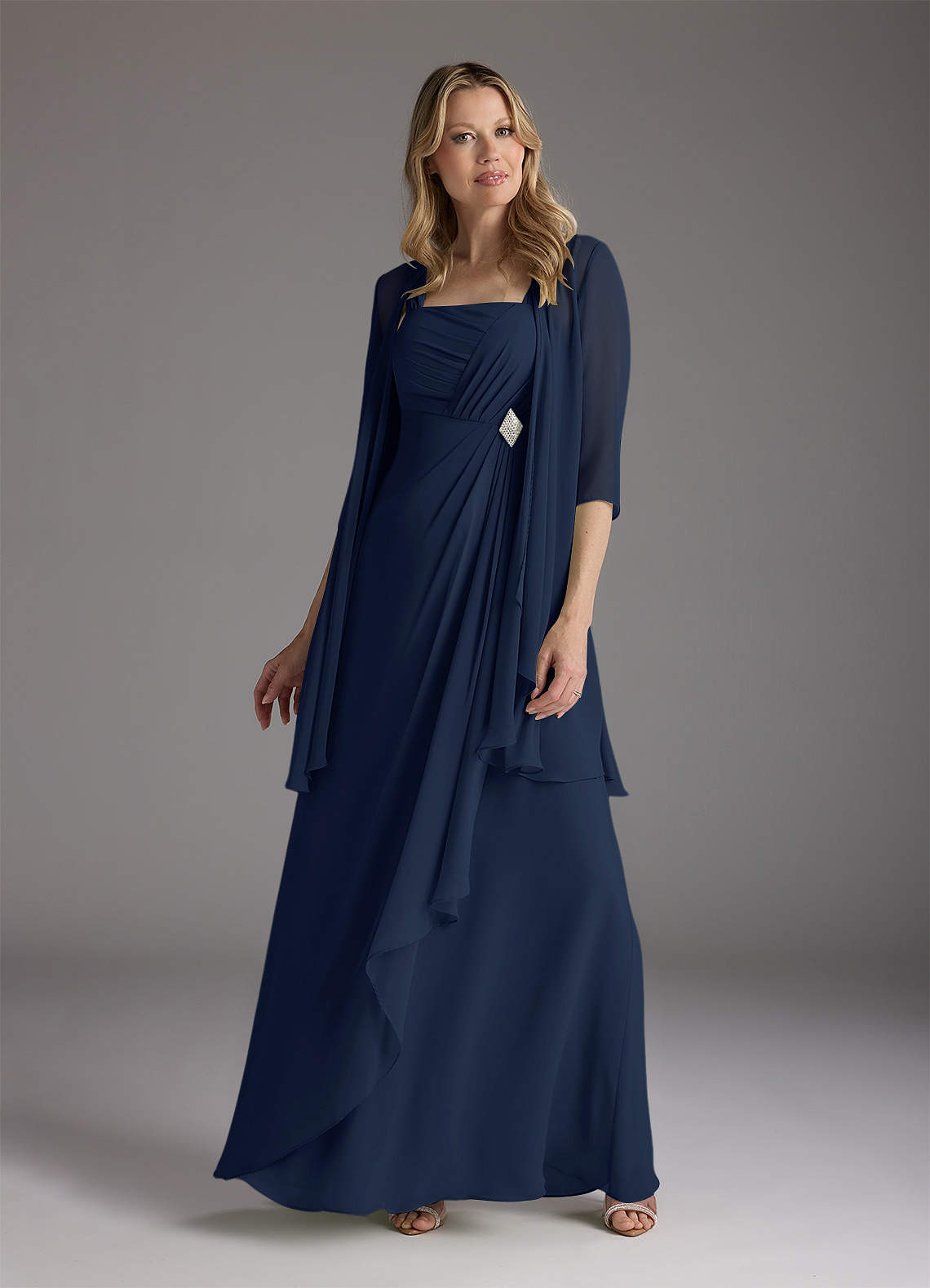 Azazie Weisz Dark Navy A-Line Square Neckline Pleated Chiffon