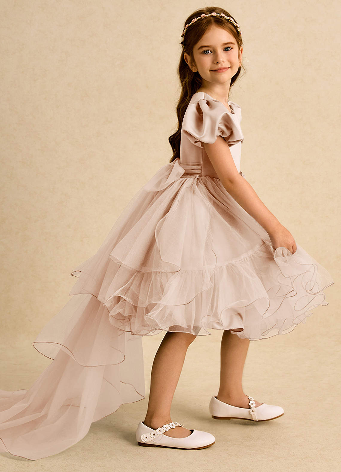 Azazie Cocoa vestidos de niña de las flores Vestido de Rosa Inglesa de Tul de Princesa con Plisado image1