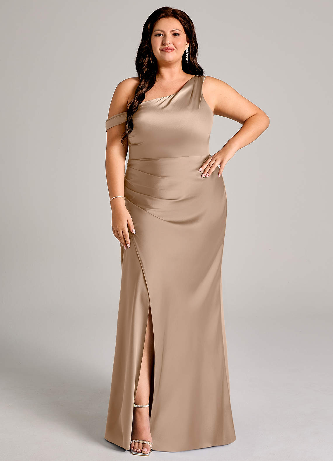 Azazie Madelyn Bridesmaid Dresses Taupe Mermaid One Shoulder Stretch Satin Convertible Dress image1