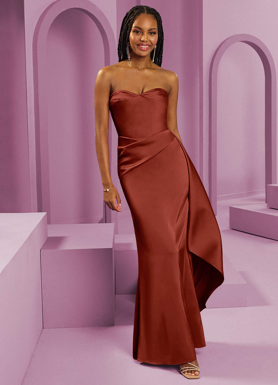 Barbie ♥ Azazie Jurken voor bruidsmeisjes Converteerbaar Jurk van Stretch Satijn met Kolom Strapless Terracotta image1