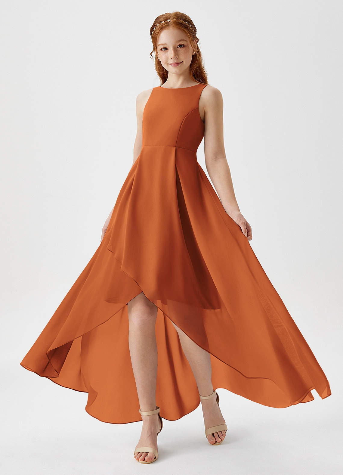 Azazie Lizette Junior Cinnamon A-Line Pleated Chiffon Dress image1