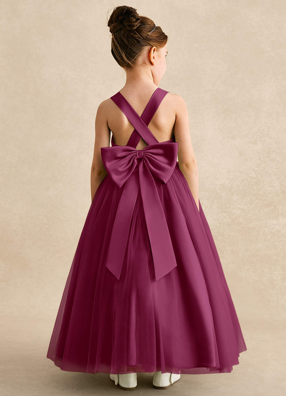 Azazie Peanut Robe Demoiselle D'honneur Fillette Robe Trapèze en Tulle Bretelle Mûre image1