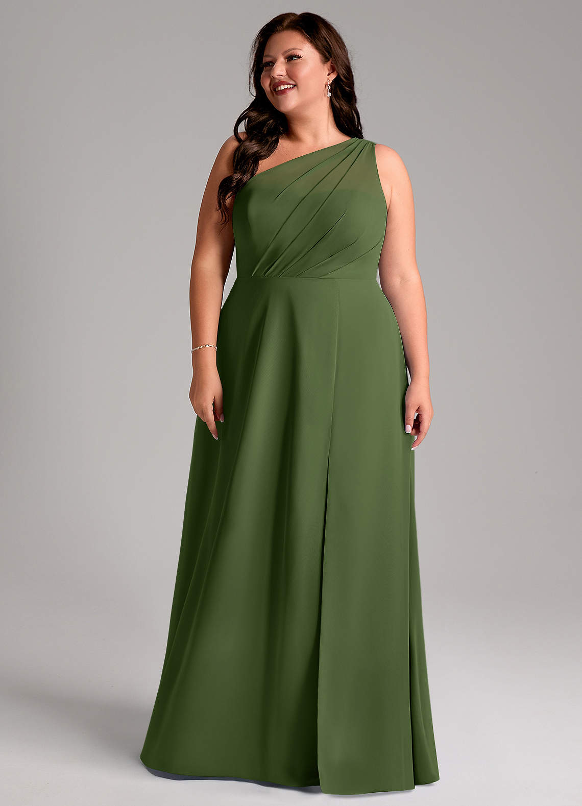 Azazie Phaedra Bridesmaid Dresses Olive A-Line One Shoulder Chiffon Dress image13