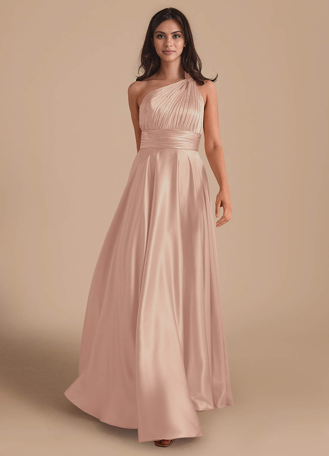 Azazie Charlize Bridesmaid Dresses English Rose A-Line One Shoulder Metallic Satin Dress image1