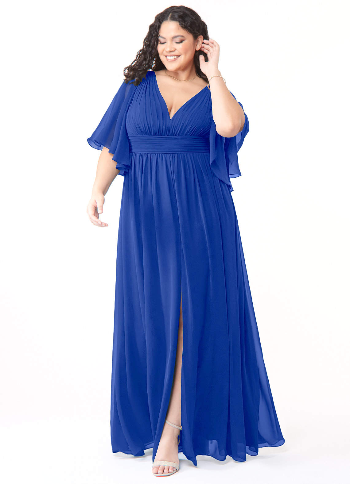 Azazie Temeka Robes de demoiselle d'honneur Robe Trapèze en Mousseline de soie Rayé Bleu Roi image1
