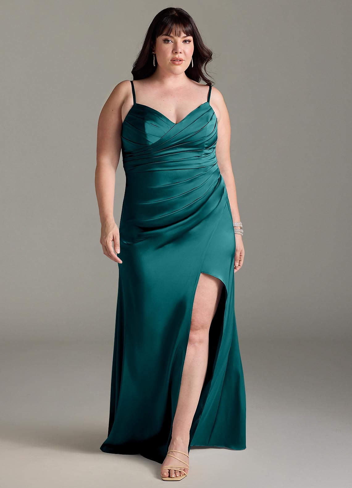 Azazie Yola Bridesmaid Dresses Peacock Sheath V-Neck Pleated Stretch Satin Convertible Dress image1