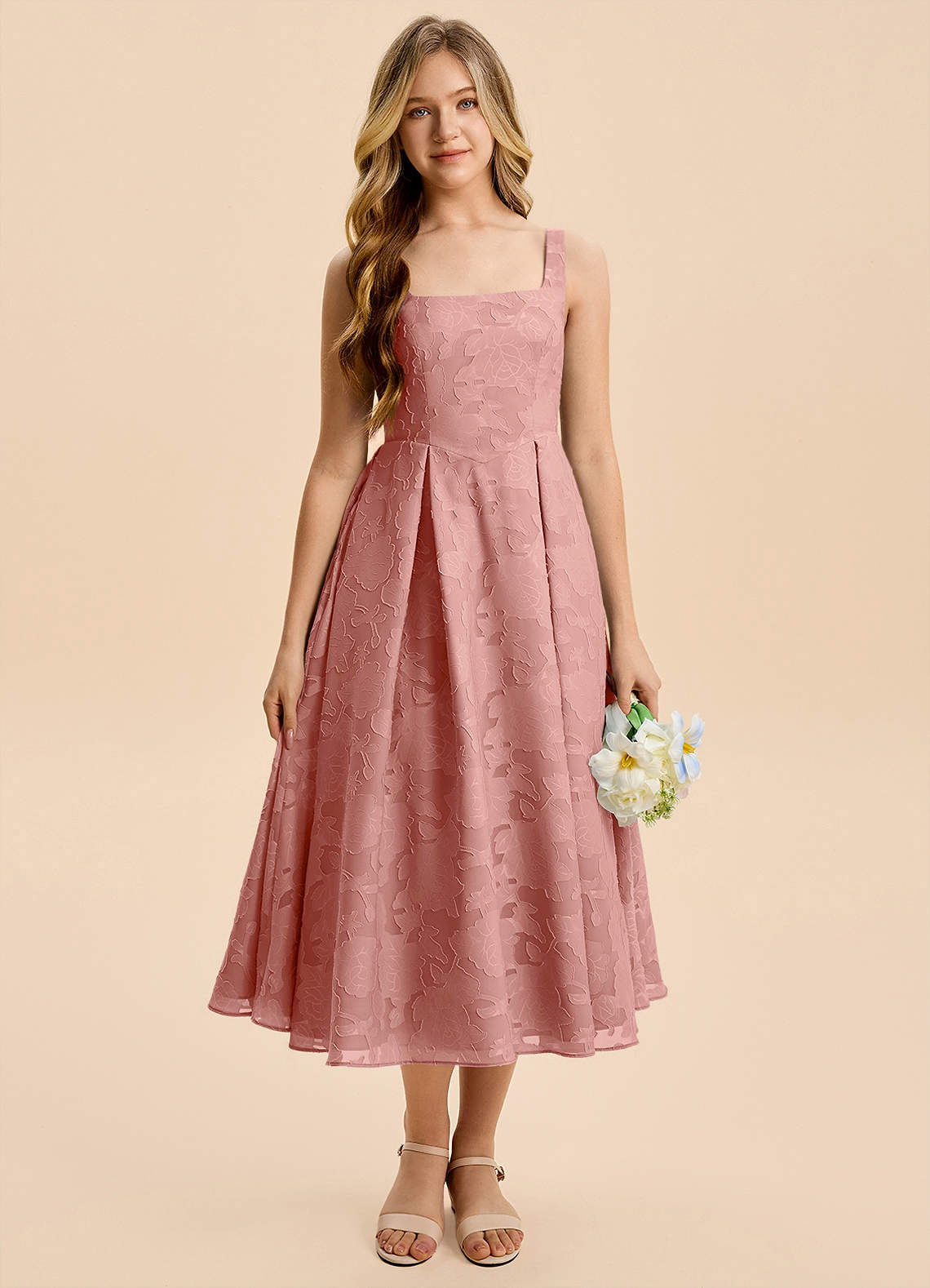Azazie Amalie Junior Rosette A-Line Ruched Floral Burnout Dress image3