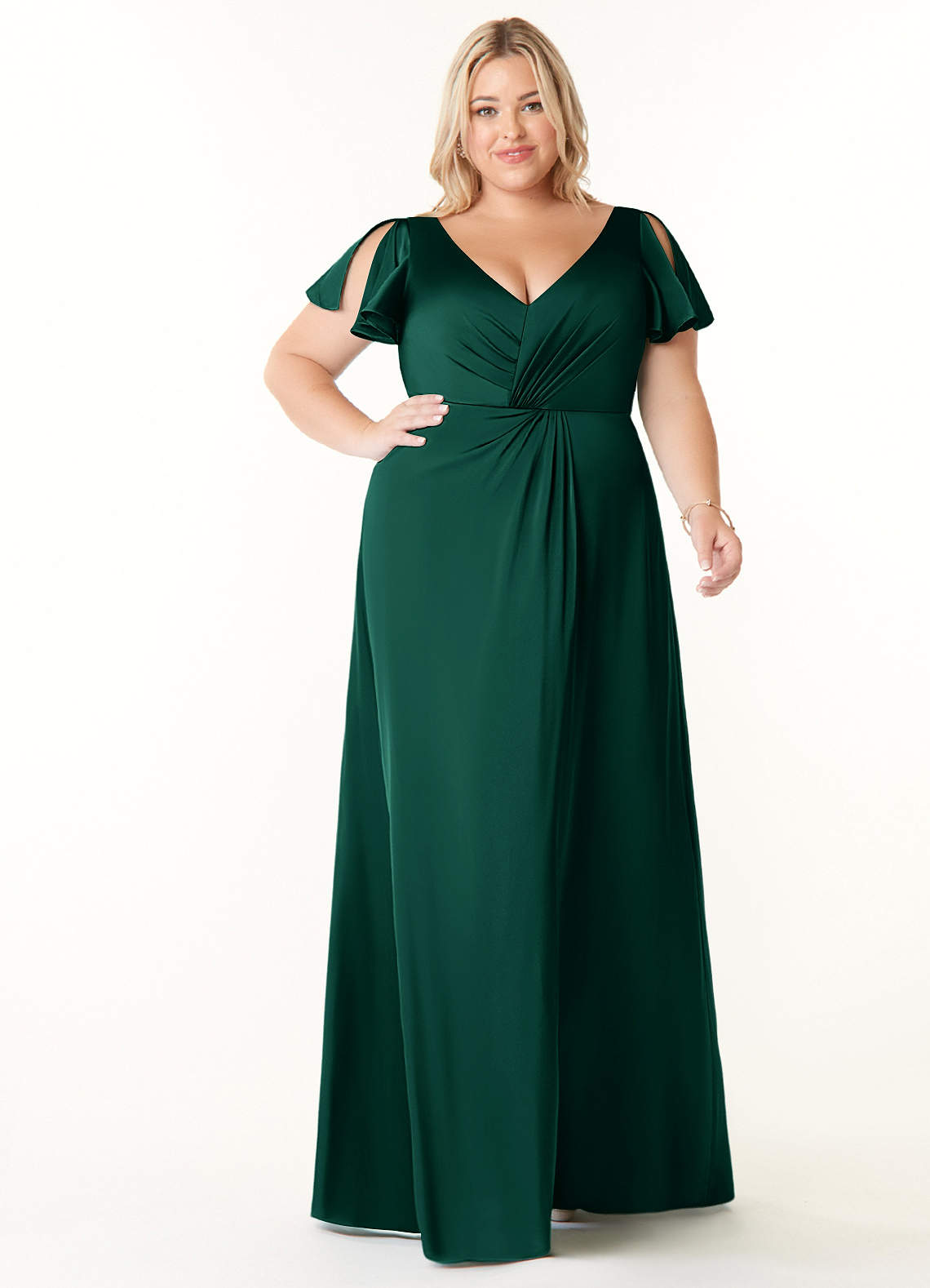 Azazie Soren Bridesmaid Dresses Emerald A-Line Pleated Stretch Satin Dress image1