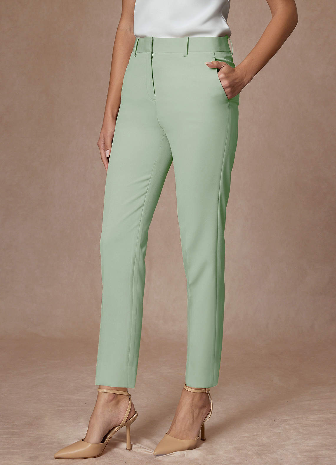front Whitney Dusty Sage Structured Stretch Full Length Dress Pants