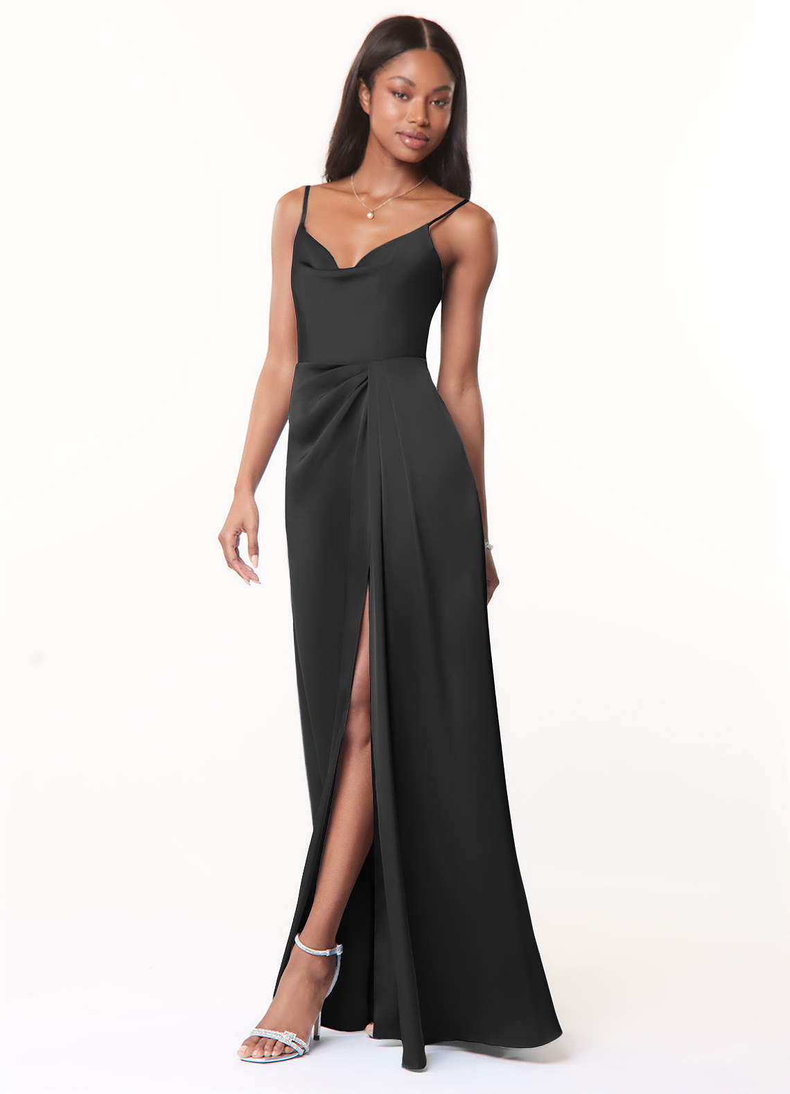 Dark Navy Bridesmaid Dresses Chic Spaghetti Straps Stretch Satin Floor Length Bridesmaid Dress With Split