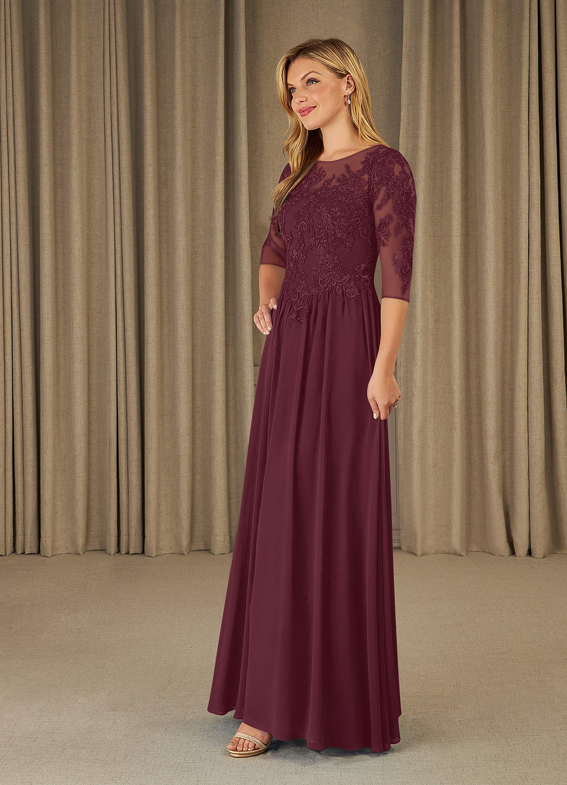 Azazie Mirielle vestidos de madre de la novia Vestido de Cabernet de Gasa de Corte En A con Encaje Scoop image2