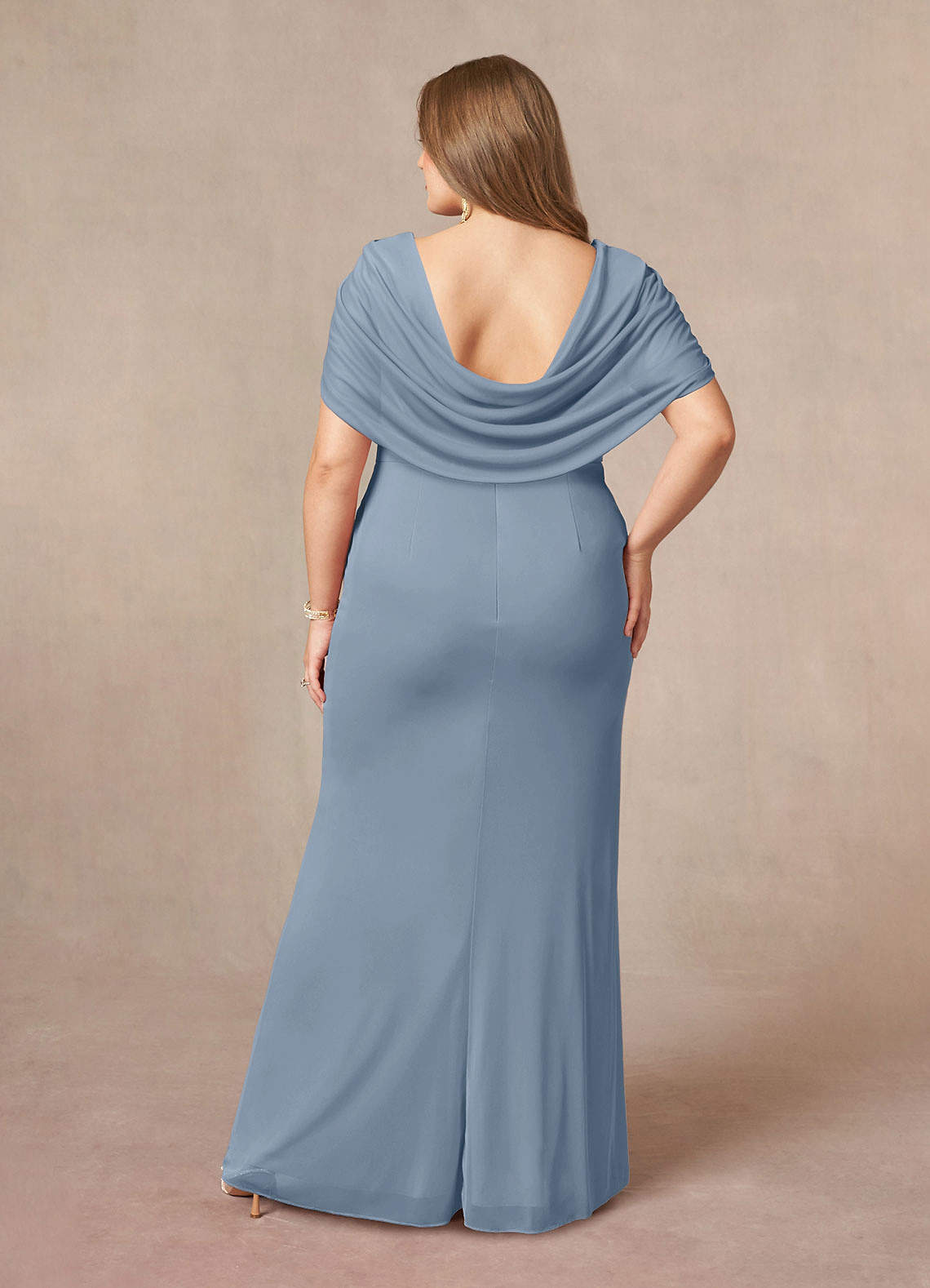 Azazie Luisa Moeder van de bruid jurken Zeemeermin Jurk van Mesh V-hals geplooid Stoffig Blauw image7