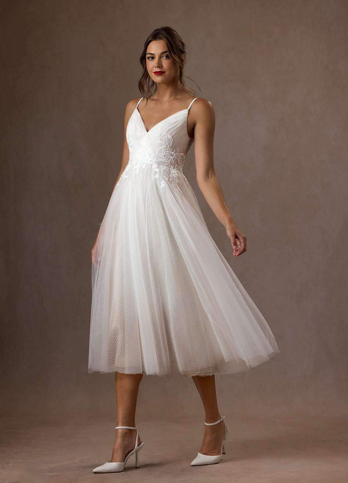 Azazie Liana Wedding Dresses Diamond White A-Line V-Neck Sequins Tulle Dress image2