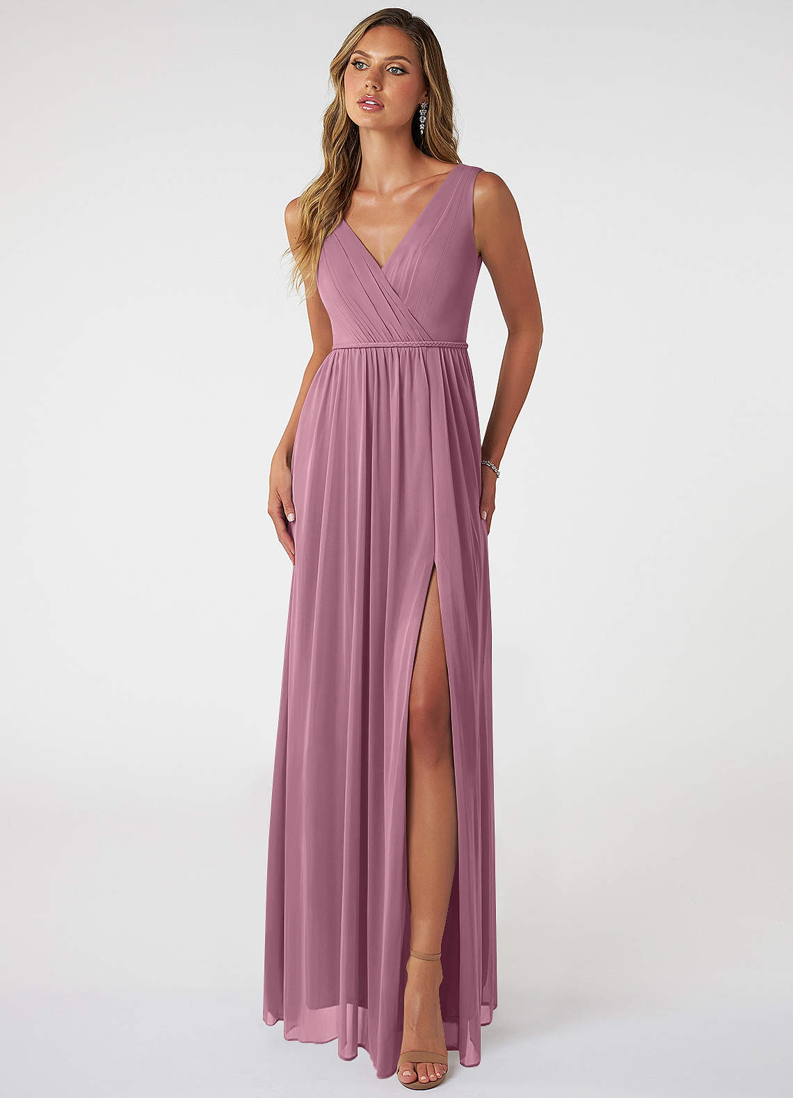 Azazie Tanicia Bridesmaid Dresses Vintage Mauve A-Line V-Neck Pleated Mesh Dress image1