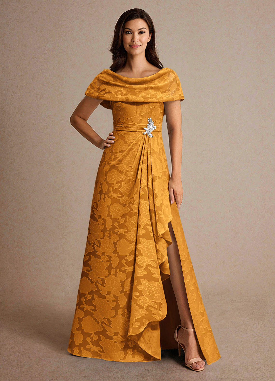 Azazie Branford Mother of the Bride Dresses Butterscotch A-Line Pleated Floral Burnout Dress image1
