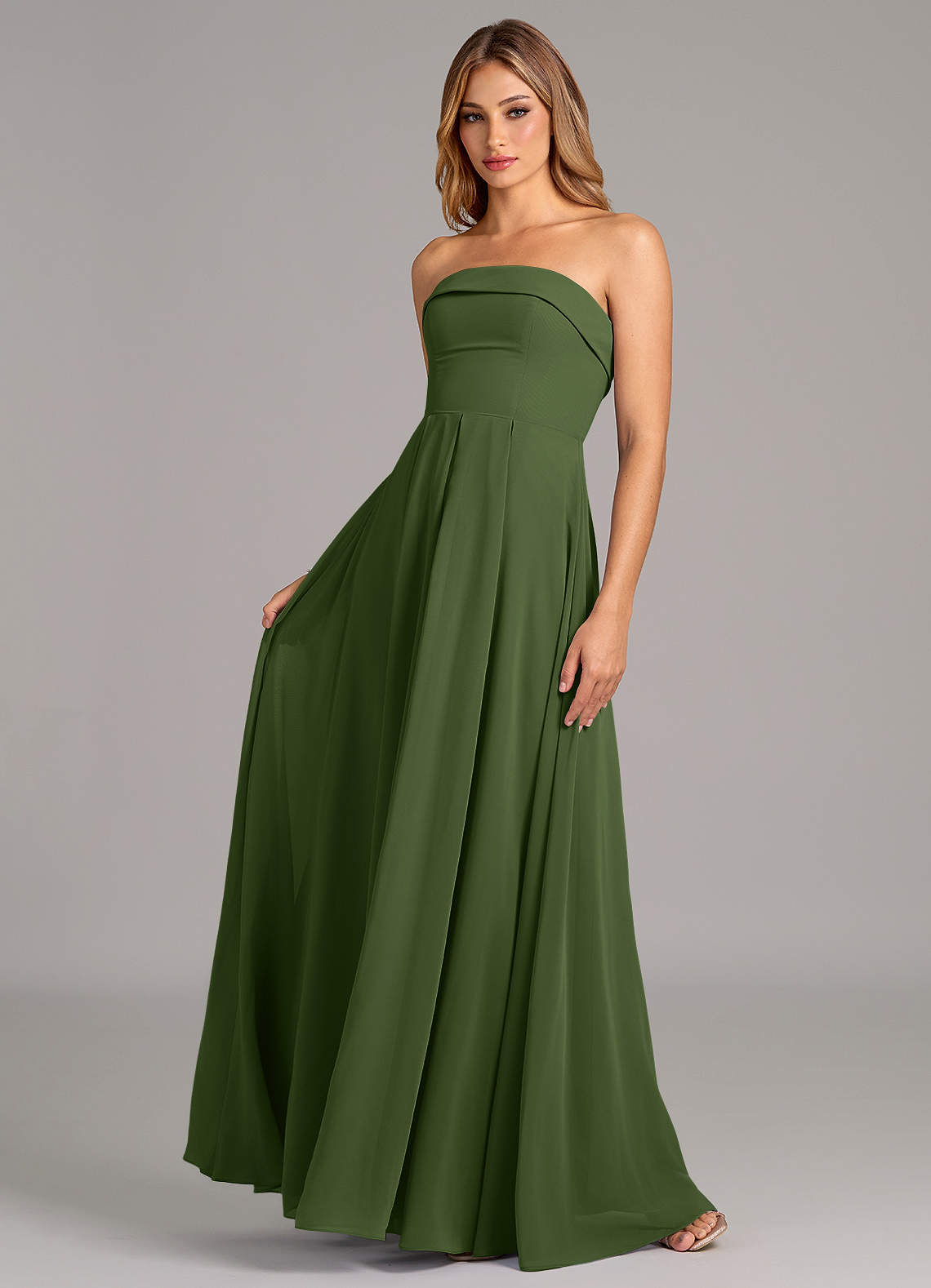 Azazie Lucienne Brudtärnklänningar Klänning av A-Linje i Chiffong Axelbandslös Oliv Konvertibel image1