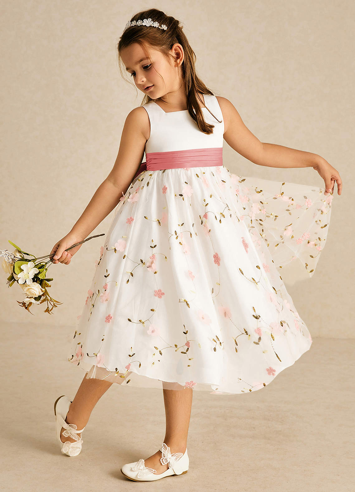 Azazie Pollie Flower Girl Dresses Blushing Pink Coral A-Line Bow Tulle Dress image1
