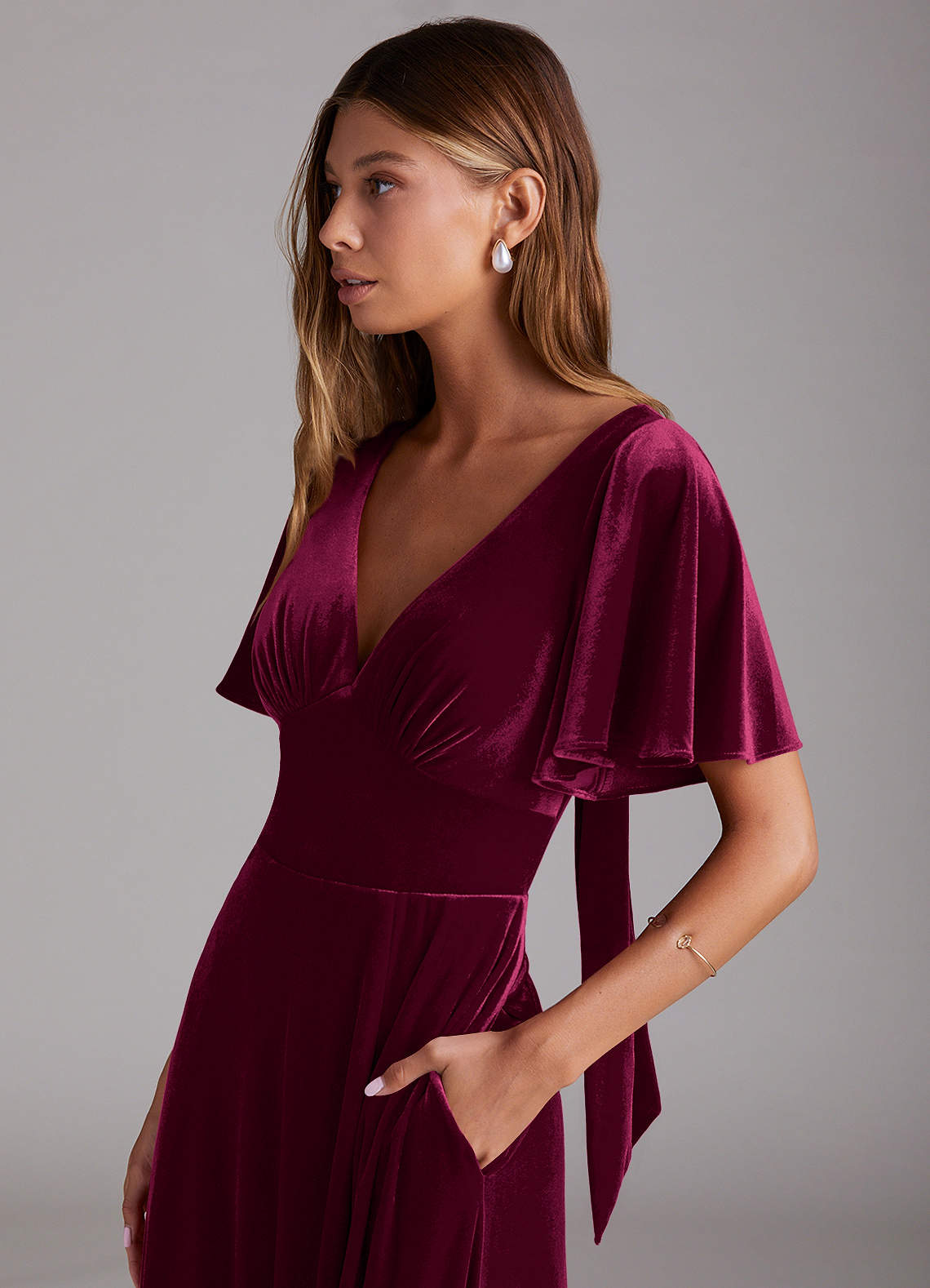 Azazie Kimber Bridesmaid Dresses Cabernet A-Line with Pockets Velvet Dress image5