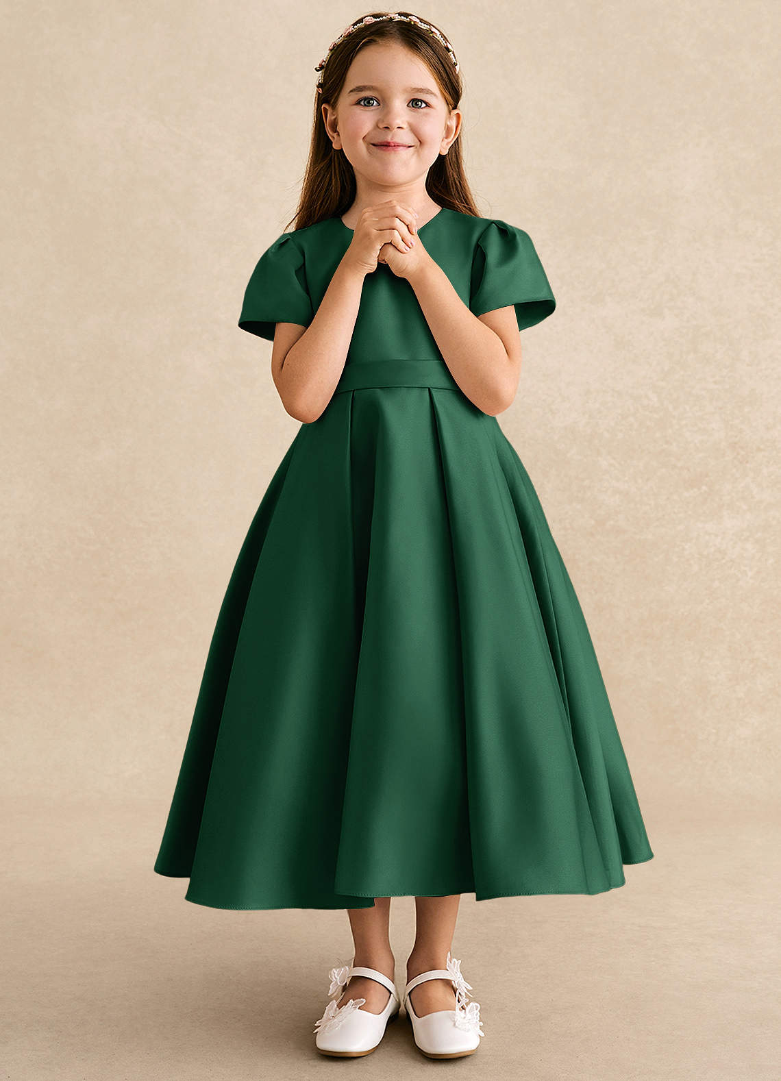 Azazie Princess Flower Girl Dresses Dark Green A-Line Pleated Matte Satin Dress image3