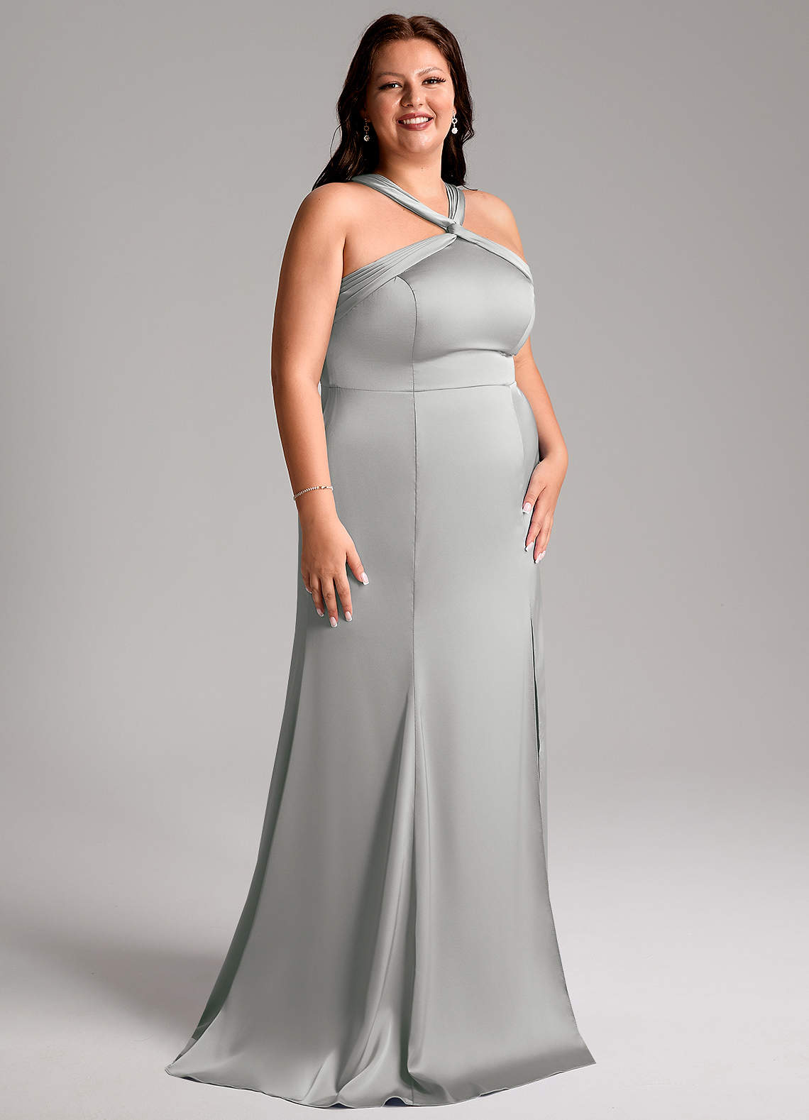 Azazie Rue Vestidos de madrinha de casamento Vestido Prata de Cetim elástico de sereia com Plissado image11