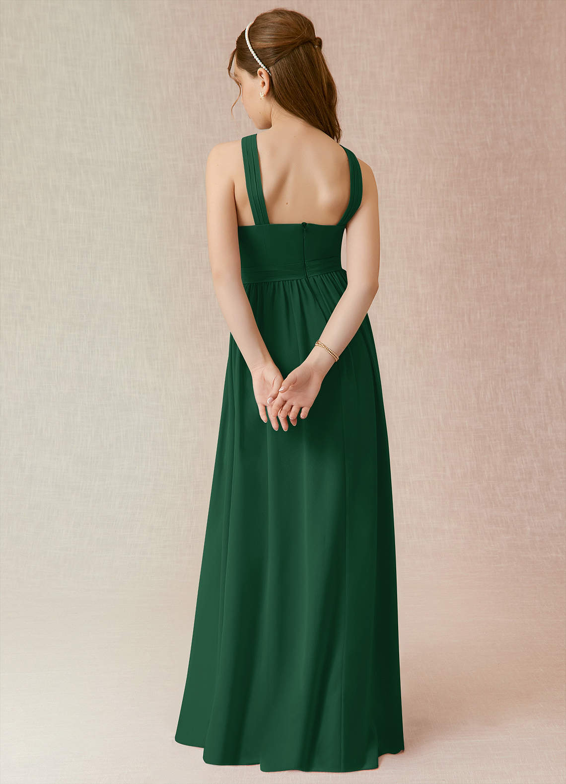 Azazie Jiya Junior Dark Green A-Line Pleated Chiffon Dress image1