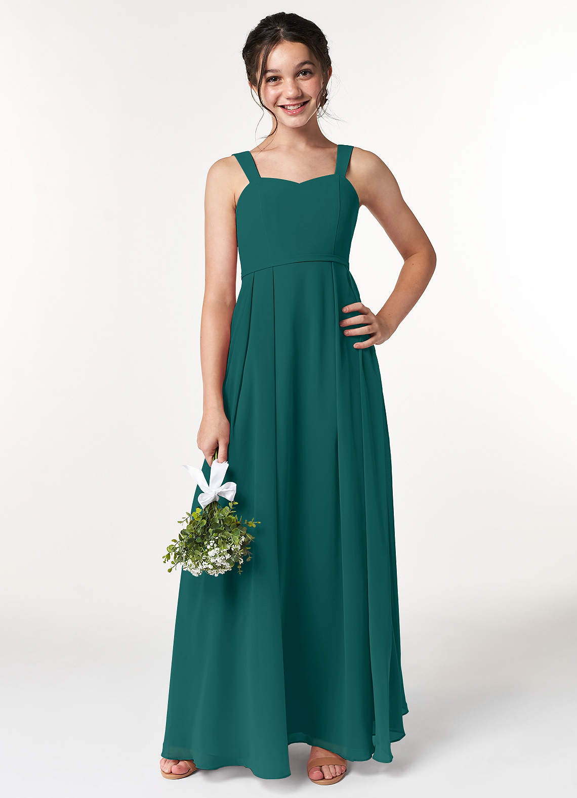 Azazie Simoan Junior Abito A-Line in Chiffon Scollo a Cuore Verde Pavone image1