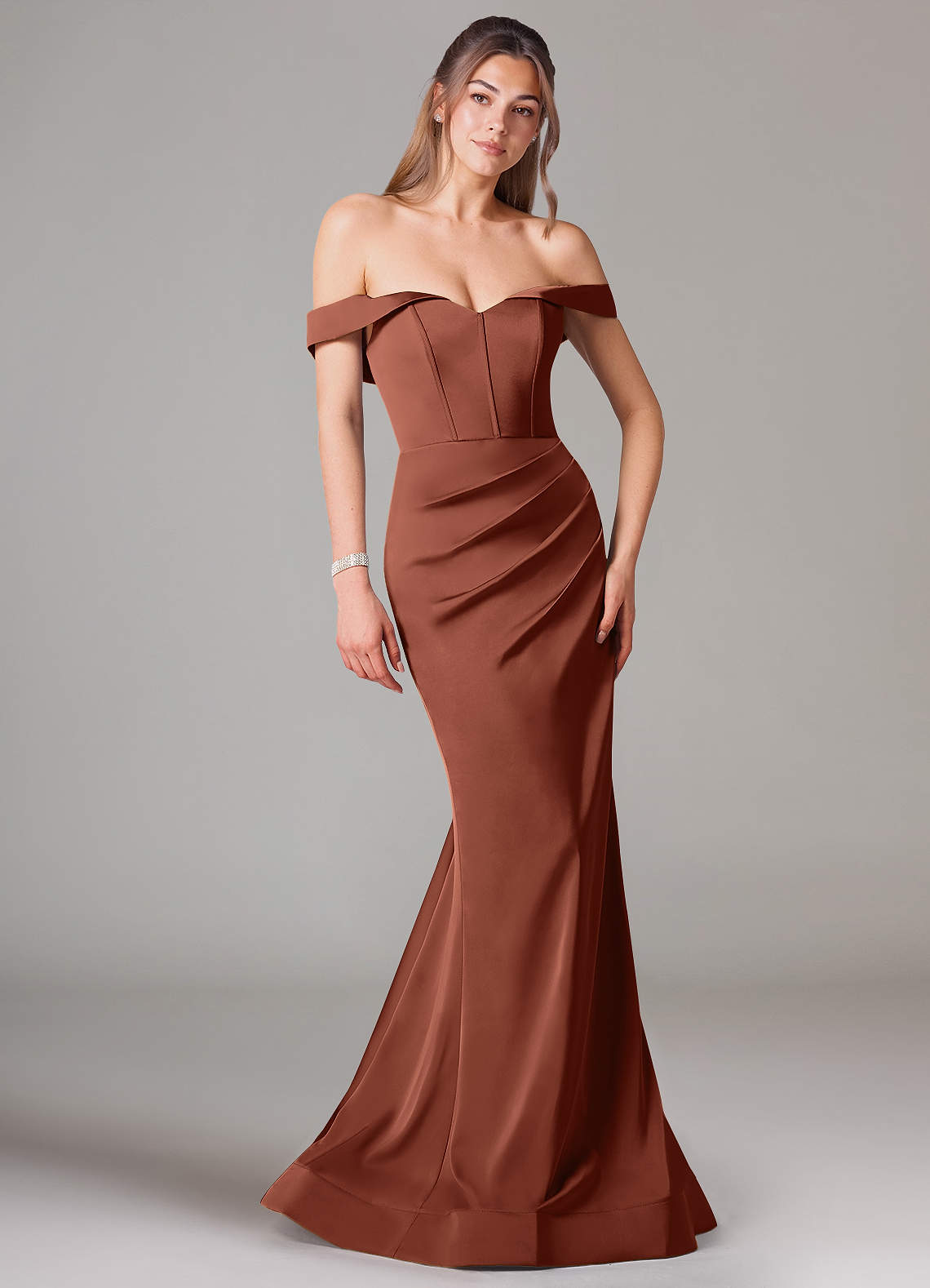 Azazie Everly Bridesmaid Dresses Clay Mermaid Off the Shoulder Stretch Satin Convertible Dress image1