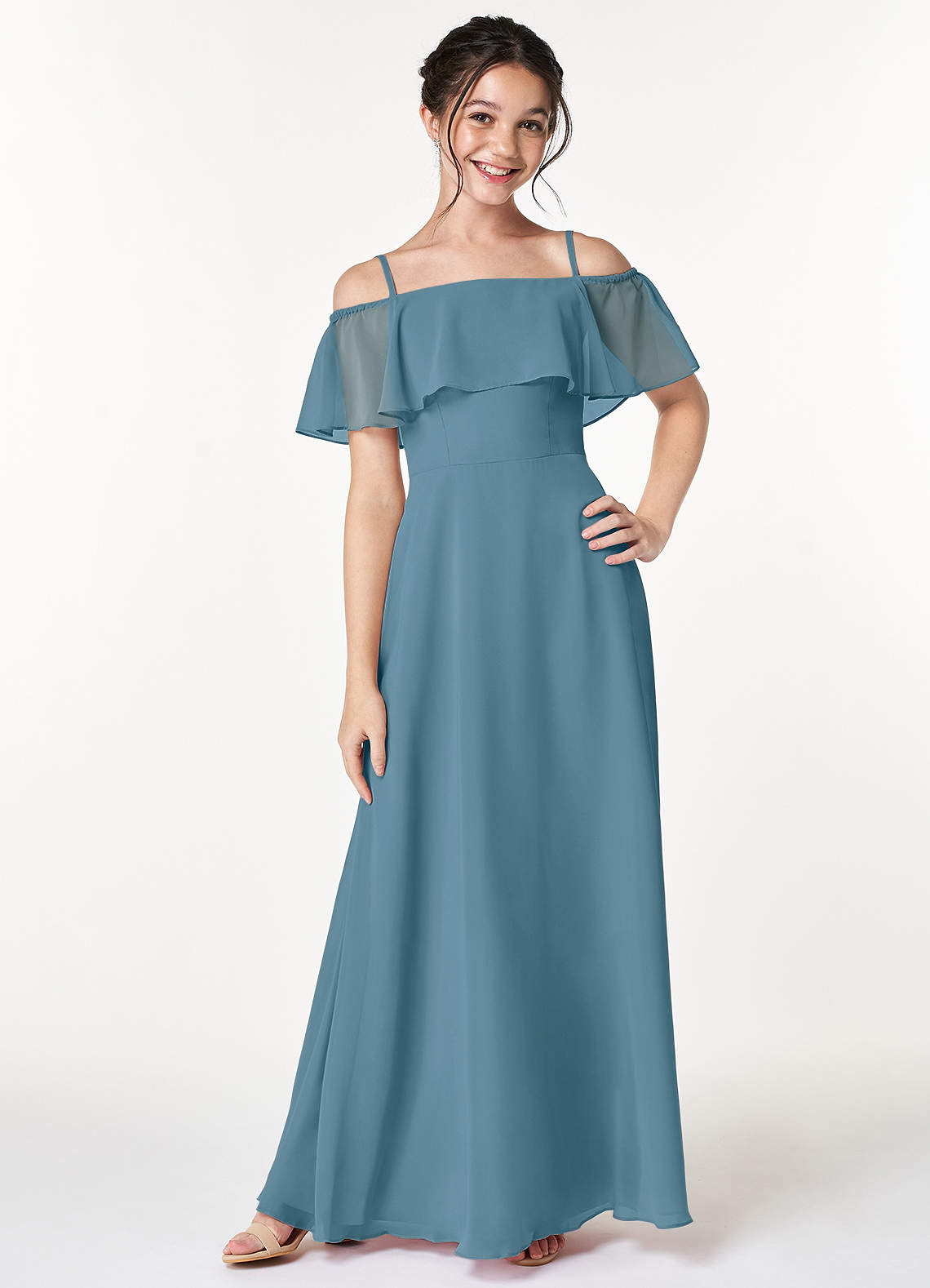 Azazie Maggie Junior Bermuda A-Line Off the Shoulder Chiffon Dress image1