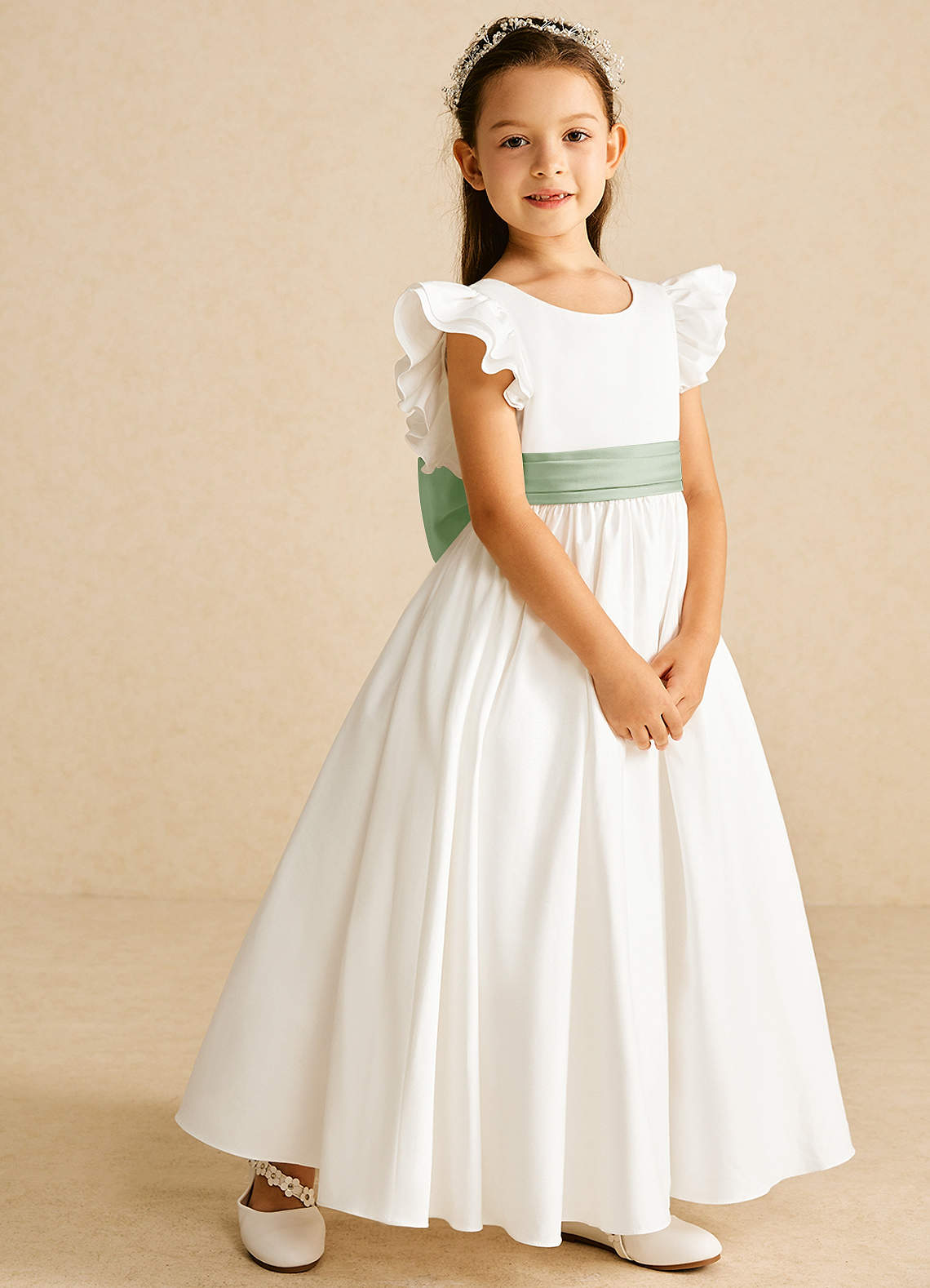 Azazie Aero Flower Girl Dresses Ivory Dusty Sage A-Line Pleated Cotton Dress image4