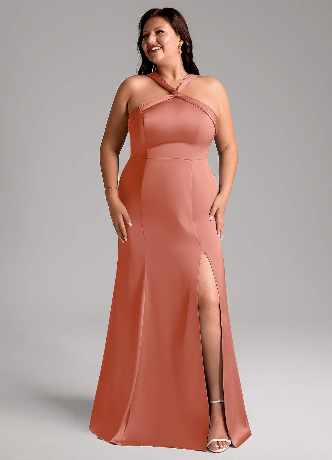 Azazie Rue Salmon Pink Stretch Satin Bridesmaid Dresses | Azazie Azazie Rue Salmon Pink Stretch Satin Bridesmaid Dresses | Azazie