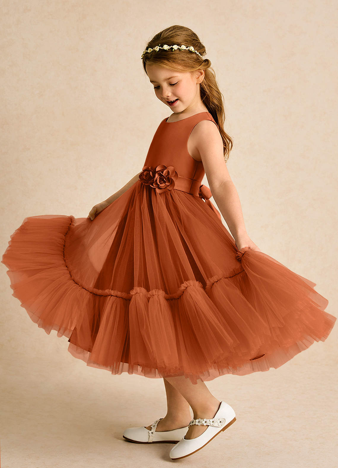 Azazie Miracle vestidos de niña de las flores Vestido de Naranja Quemada de Satin Mate de Corte En A con Lazo image1