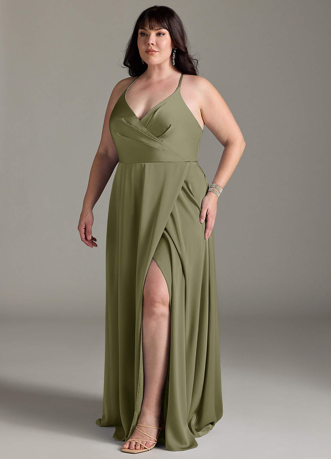 Azazie Davis Jurken voor bruidsmeisjes Jurk van Stretch Satijn met A-Lijn Geplooid Pistache image9