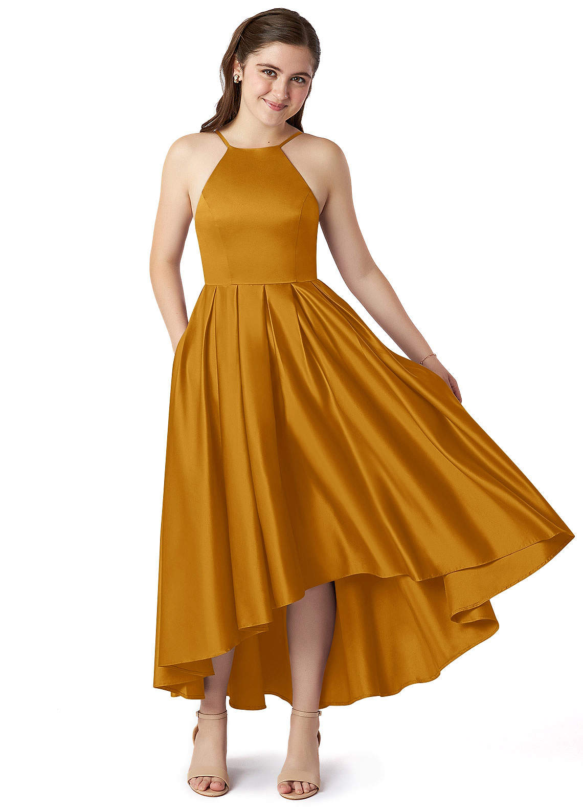 Azazie Jemima Junior A-Linie mit Taschen Stretch-Satin Kleid Butterscotch image1