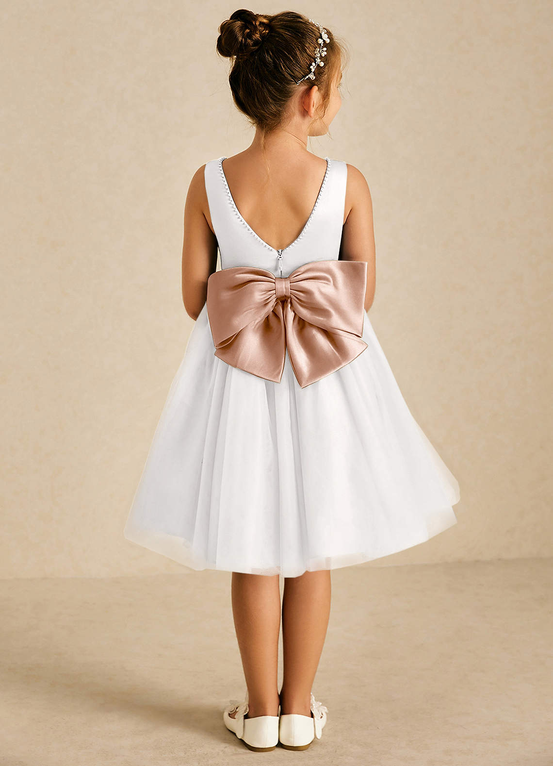 Azazie Seline Flower Girl Dresses Ivory Champagne Rose A-Line Bow Tulle Dress image1