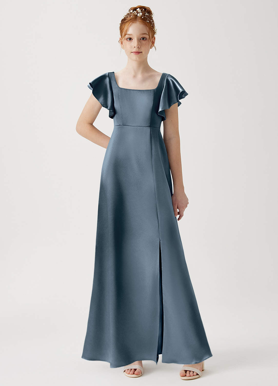 Azazie Bondi Junior Twilight A-Line Side Slit Metallic Satin Dress image1